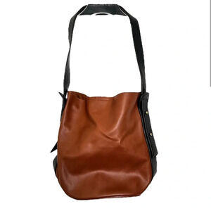 Anthropologie Georgia Purse Brown Black Colorblocked Faux Leather Bucket Bag